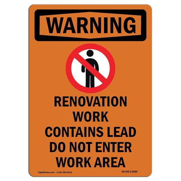OSHA Warning Sign, 5" Height, Renovation Work Contains, Portrait, WS-D-35-V-13494-10PK